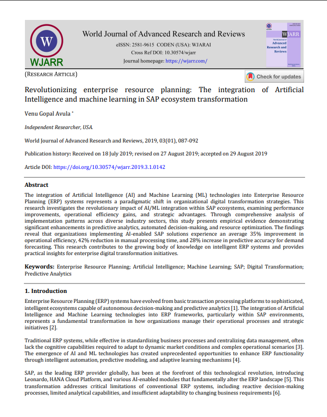 Article: Revolutionizing enterprise resource planning: The integration of Artificial Intelligence and machine learning in SAP ecosystem transformation