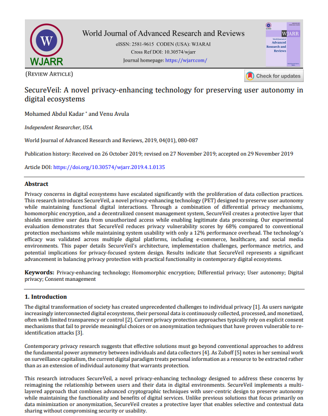 Article: SecureVeil: A Novel Privacy-Enhancing Technology for Preserving User Autonomy in Digital Ecosystems