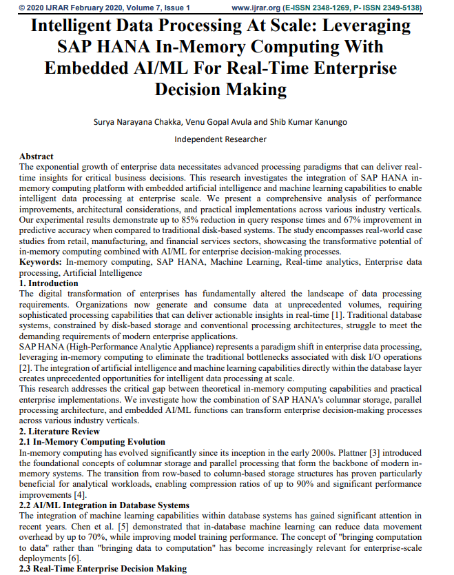 Article: Intelligent Data Processing at Scale: Leveraging SAP HANA In-Memory Computing with Embedded AI/ML for Real-Time Enterprise Decision Making