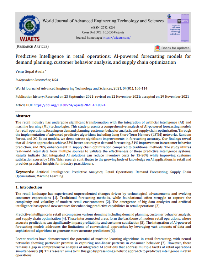 Article: Predictive Intelligence in Retail Operations: AI-Powered Forecasting Models for Demand Planning, Customer Behavior Analysis, and Supply Chain Optimization