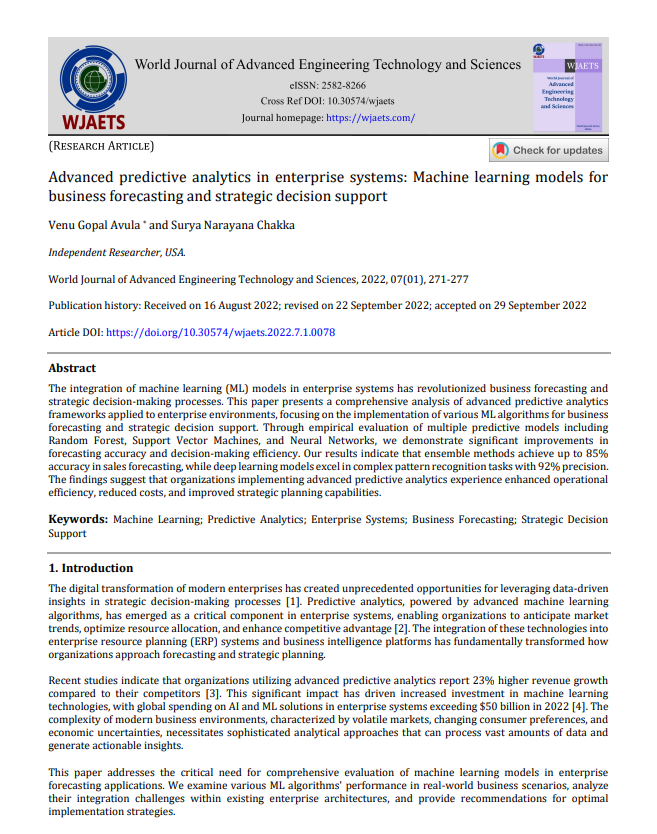Article: Advanced predictive analytics in enterprise systems: Machine learning models for business forecasting and strategic decision support