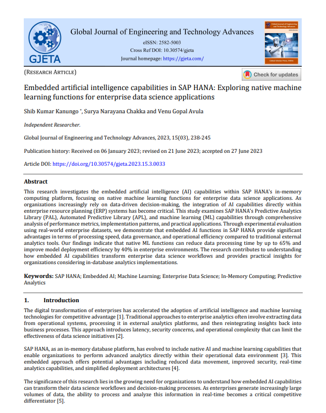 Article: Embedded artificial intelligence capabilities in SAP HANA: Exploring native machine learning functions for enterprise data science applications