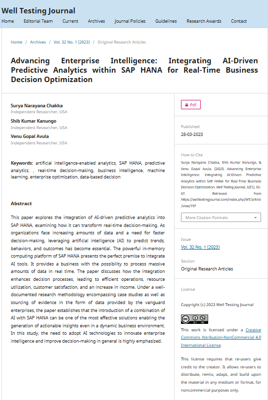 Article: Advancing Enterprise Intelligence: Integrating AI-Driven Predictive Analytics within SAP HANA for Real-Time Business Decision Optimization